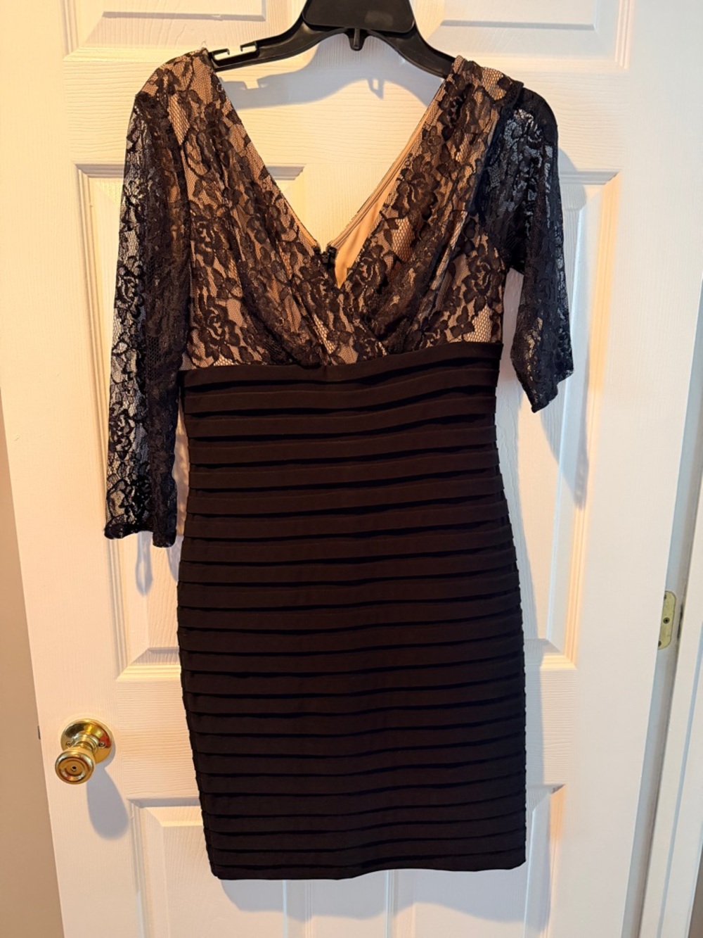 Adrianna Papell Black Lace-Top Bandage Midi Dress with Nude Lining
